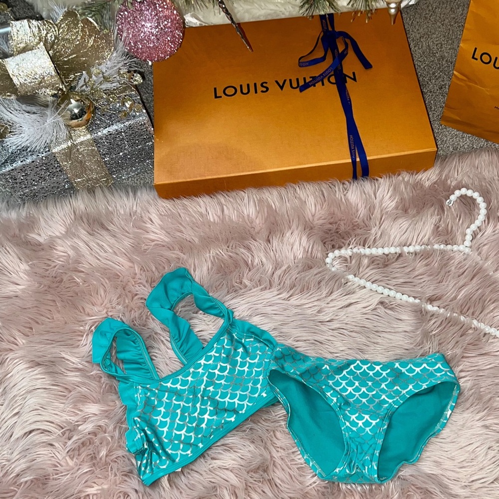 2 Piece Bikini Swimsuit Metallic Mermaid Scales Ruffles, Size 6